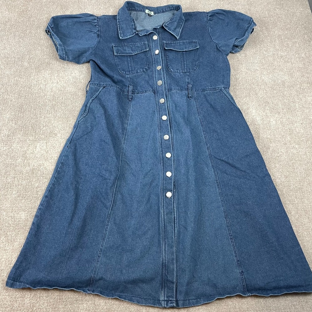 H&M Shirt Dress Womens XL Blue Denim Flap Pockets Short Sleeve Button Front